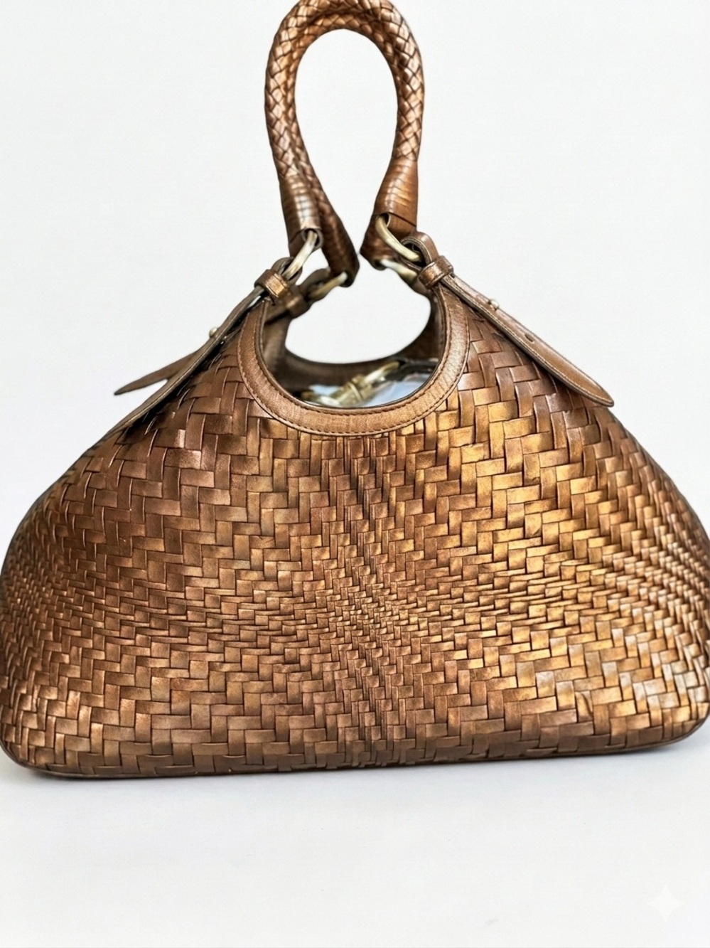 Cole Haan Genevieve Triangle Tote Woven Leather Bag Metallic Bronze Gold EUC
